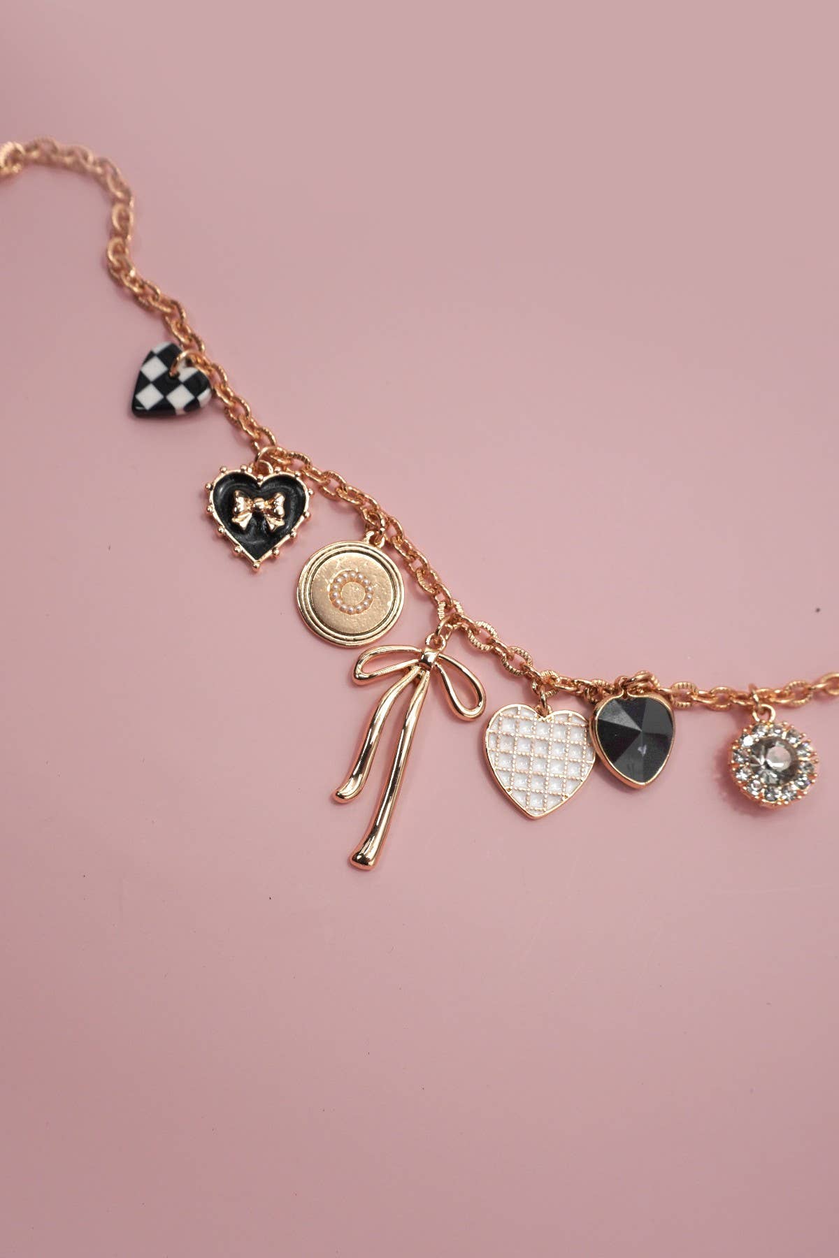BOW CHECKER CHARM HEART RHINESTONE