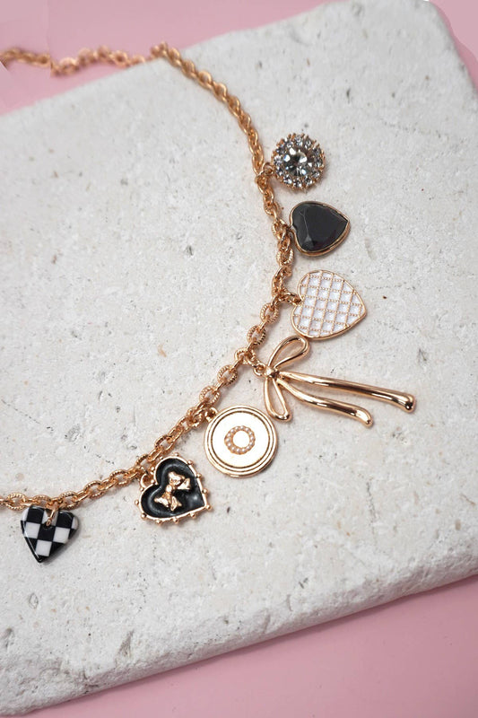 BOW CHECKER CHARM HEART RHINESTONE