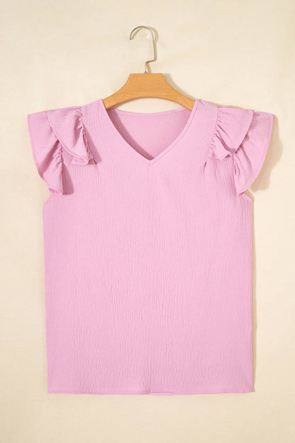 Solid Color V Neck Ruffled Detail Loose Tank Top (S-XL)