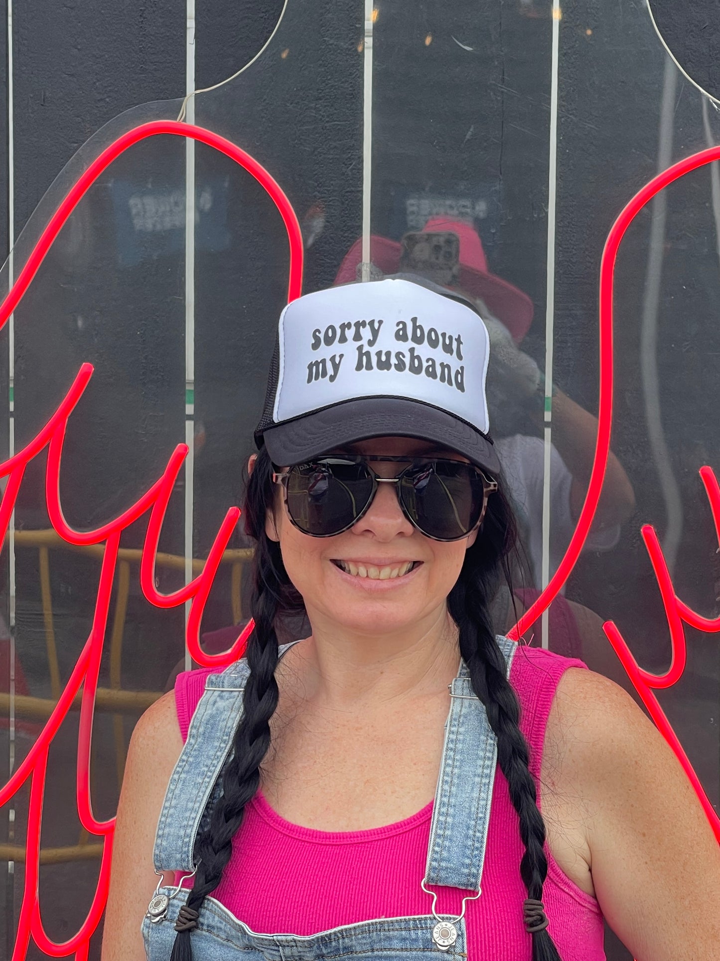 Sorry About My Husband DTF Printed Black & White Trucker Hat