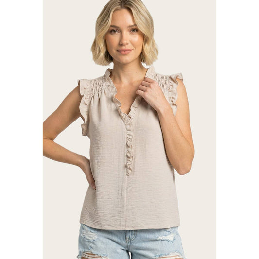 FRILLED SPLIT NECK SMOCKED SHOULDER TOP