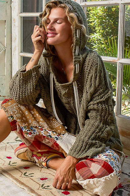 POL Oversize fit v-neck hooded cable knit chenille sweater SALE