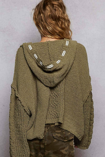 POL Oversize fit v-neck hooded cable knit chenille sweater SALE