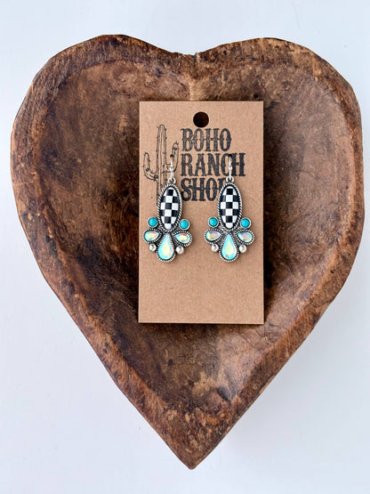 Western Style Playing Card, Checkerboard Drop Dangle Earring