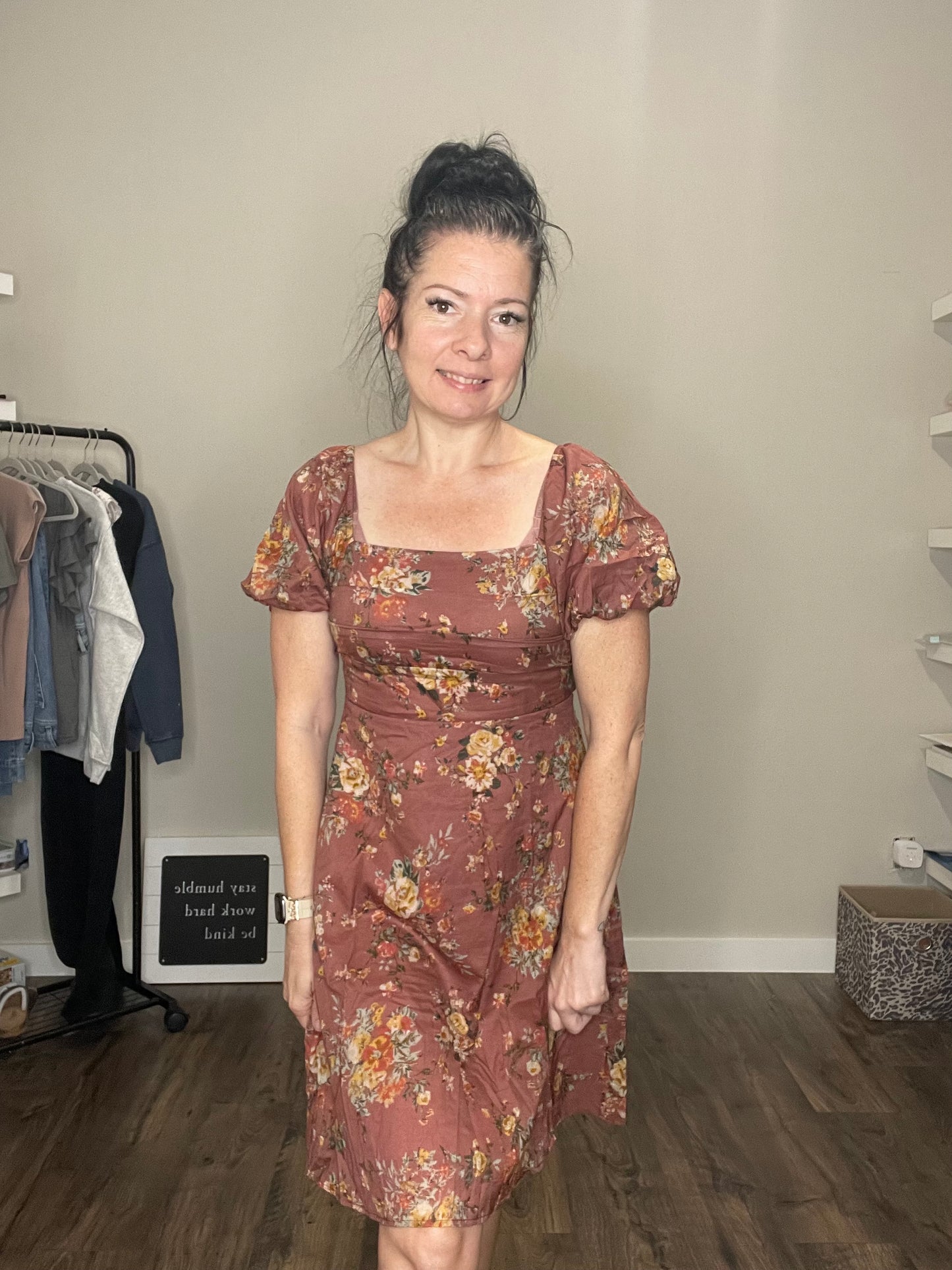 Floral Puff Sleeve Square Neck Knot Open Back Dress