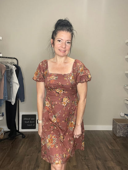 Floral Puff Sleeve Square Neck Knot Open Back Dress