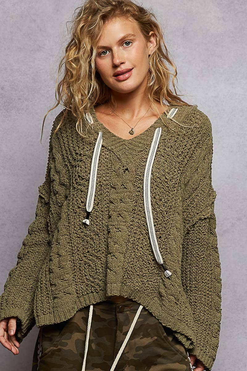 POL Oversize fit v-neck hooded cable knit chenille sweater SALE