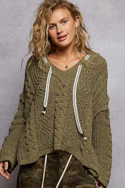 POL Oversize fit v-neck hooded cable knit chenille sweater SALE