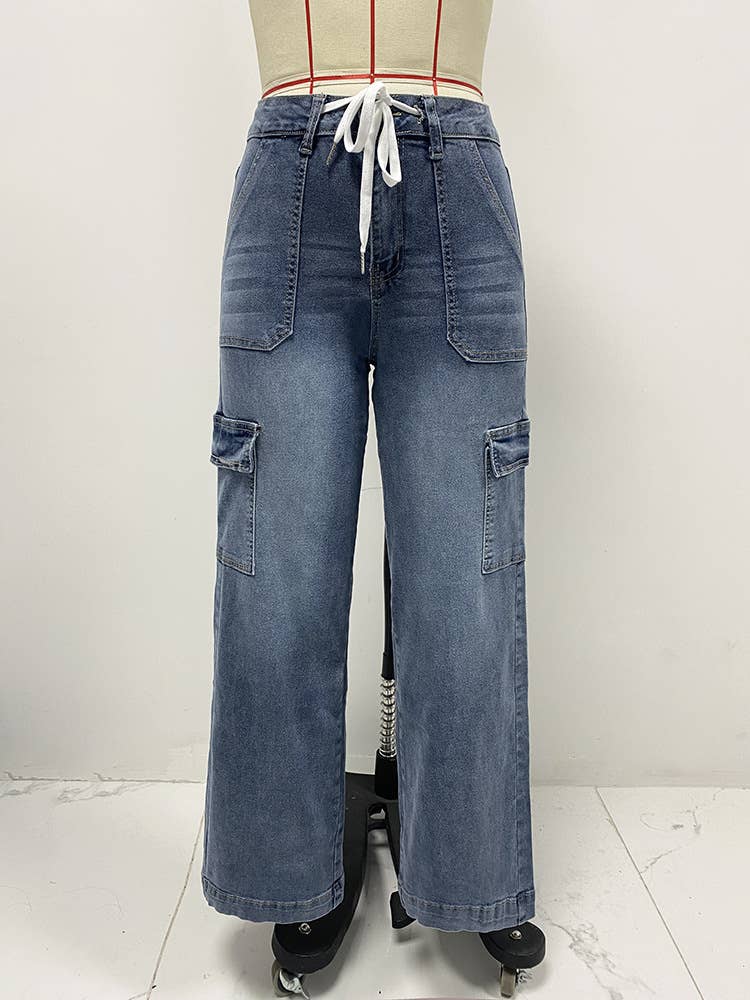 Casual Lace-Up Multi-Pocket Functional Jeans
