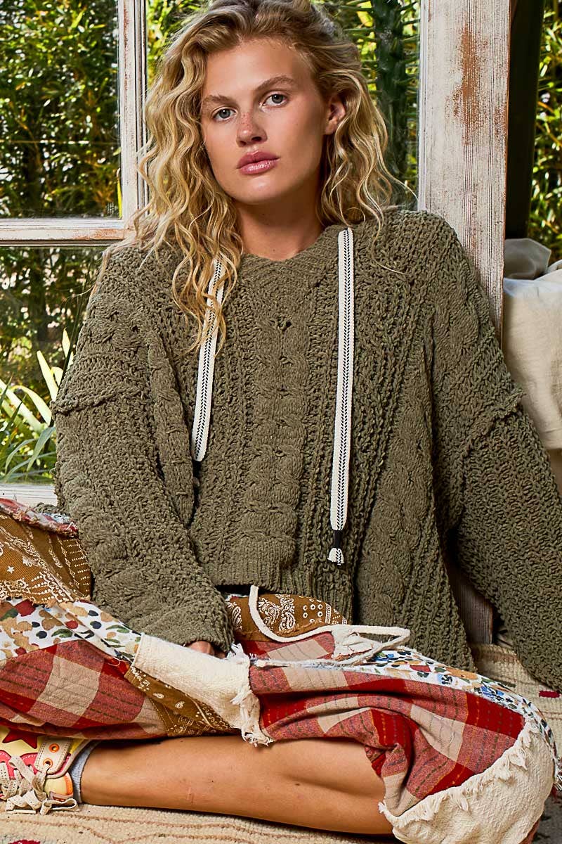 POL Oversize fit v-neck hooded cable knit chenille sweater SALE
