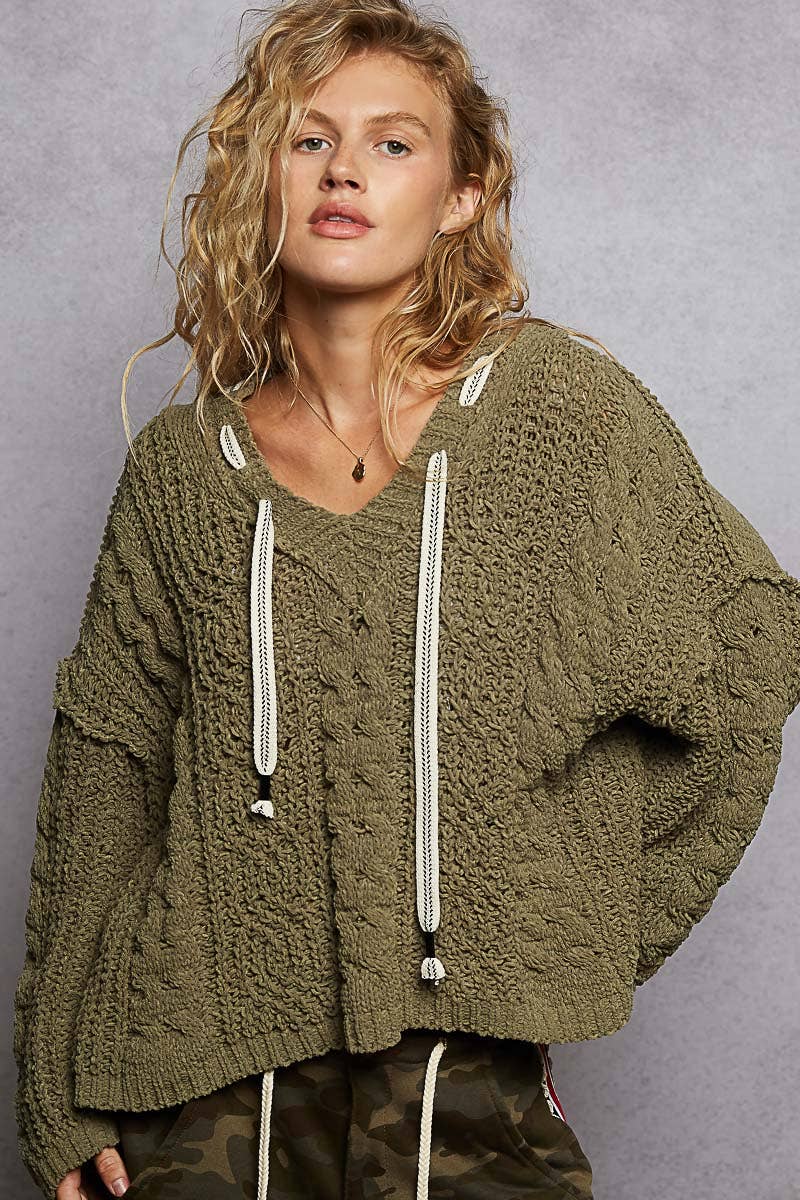 POL Oversize fit v-neck hooded cable knit chenille sweater SALE