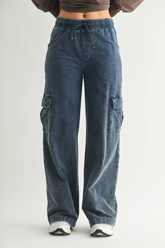 Mineral Wash Wide Leg Cotton Cargo Pants