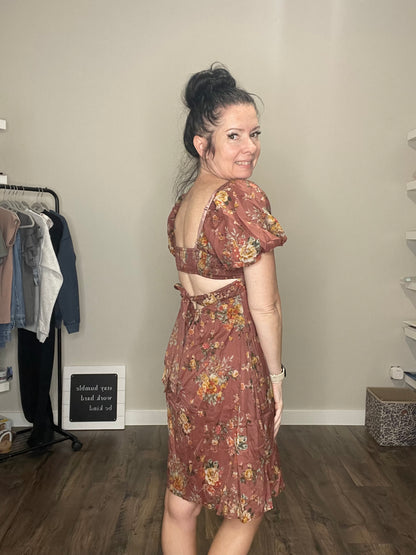 Floral Puff Sleeve Square Neck Knot Open Back Dress