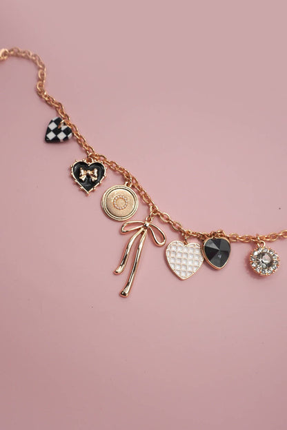 BOW CHECKER CHARM HEART RHINESTONE