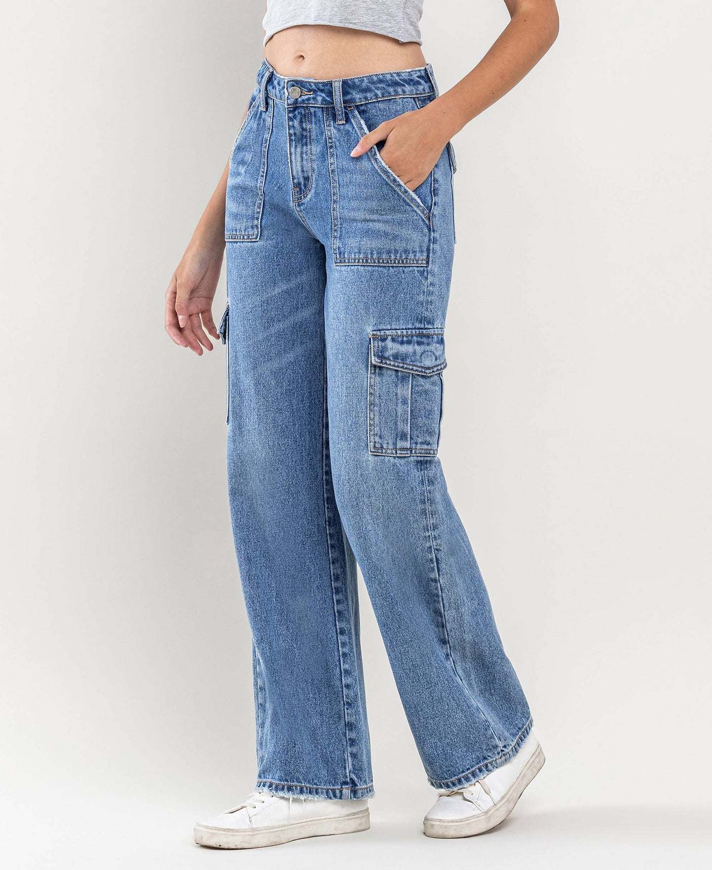 HIGH RISE CARGO BLOCKED WIDE LEG JEANS