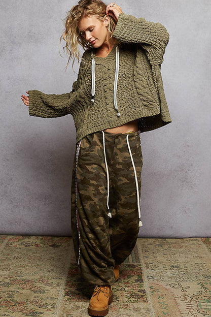 POL Oversize fit v-neck hooded cable knit chenille sweater SALE