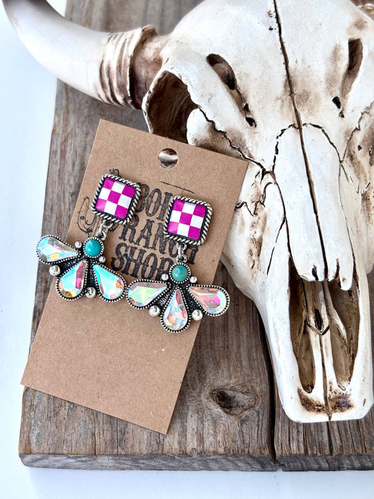 Western Style Square Stone Squash Blossom Post Drop Earrings