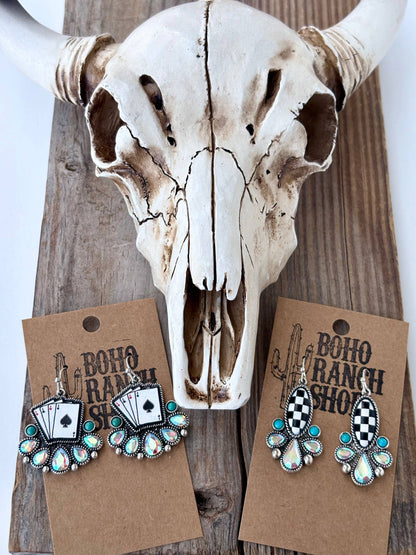 Western Style Playing Card, Checkerboard Drop Dangle Earring
