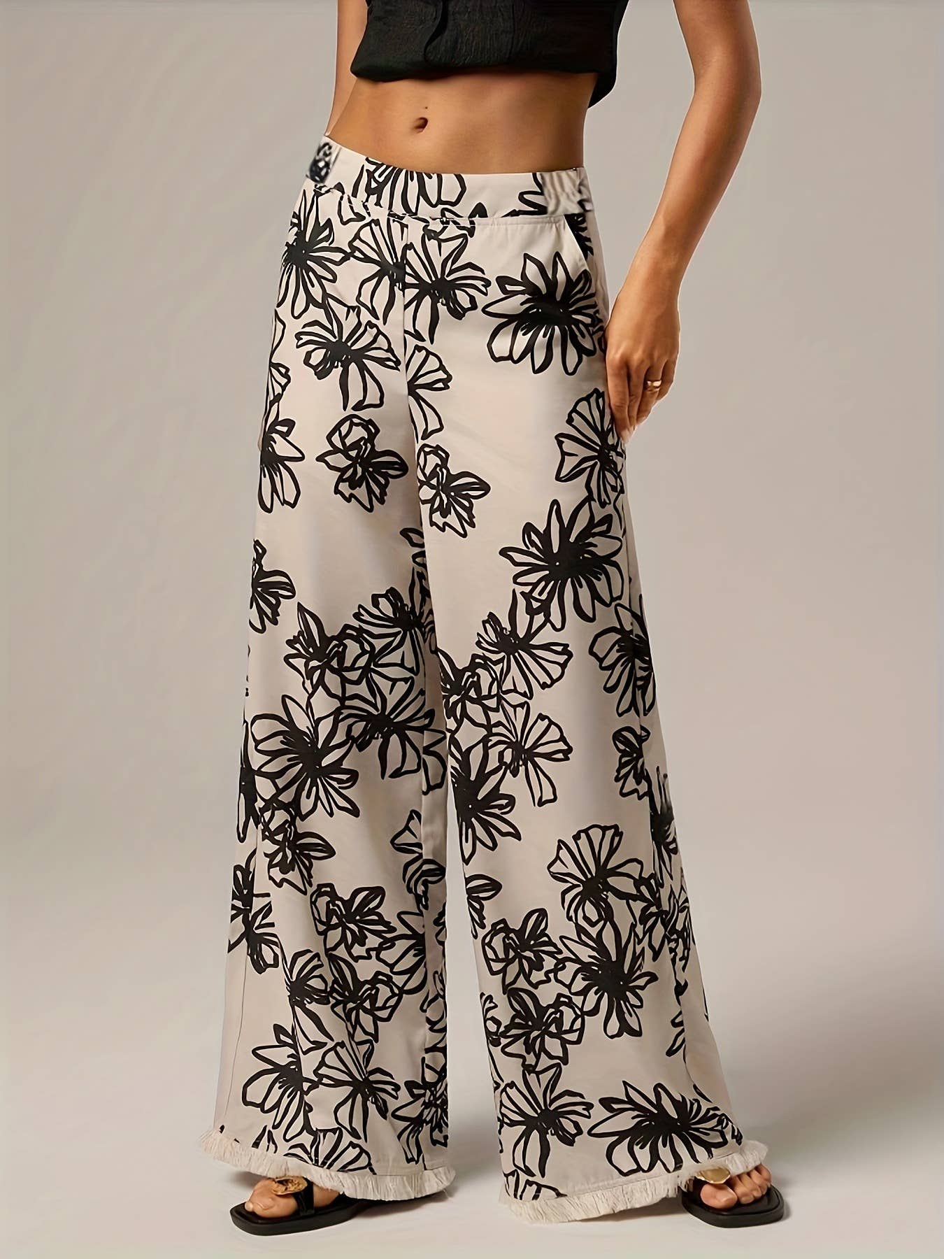 Stop & Stare Floral Wide-Leg Pants Frayed Hem