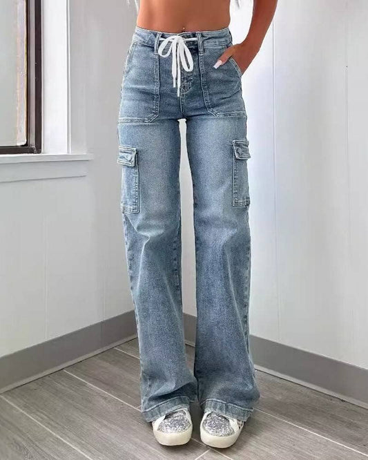 Casual Lace-Up Multi-Pocket Functional Jeans