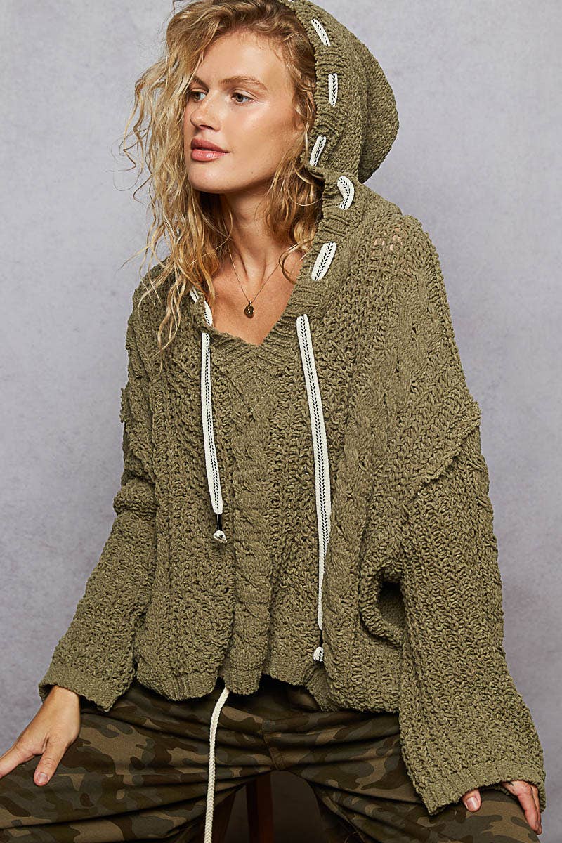 POL Oversize fit v-neck hooded cable knit chenille sweater SALE