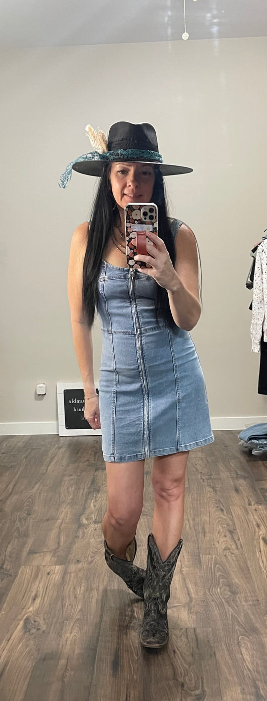 Nashville Night Out!! Zipper Square Neck Sleeveless Denim Mini Dress