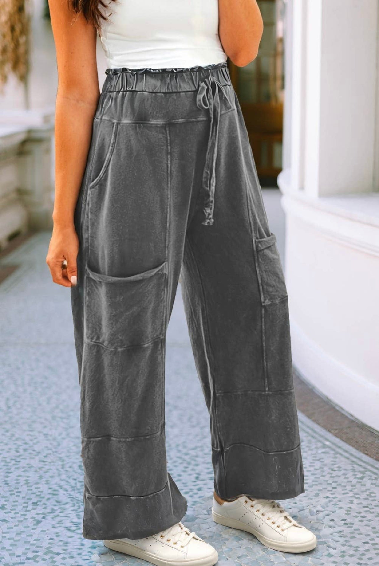 Moonstone lace-up black Wide Leg Pants