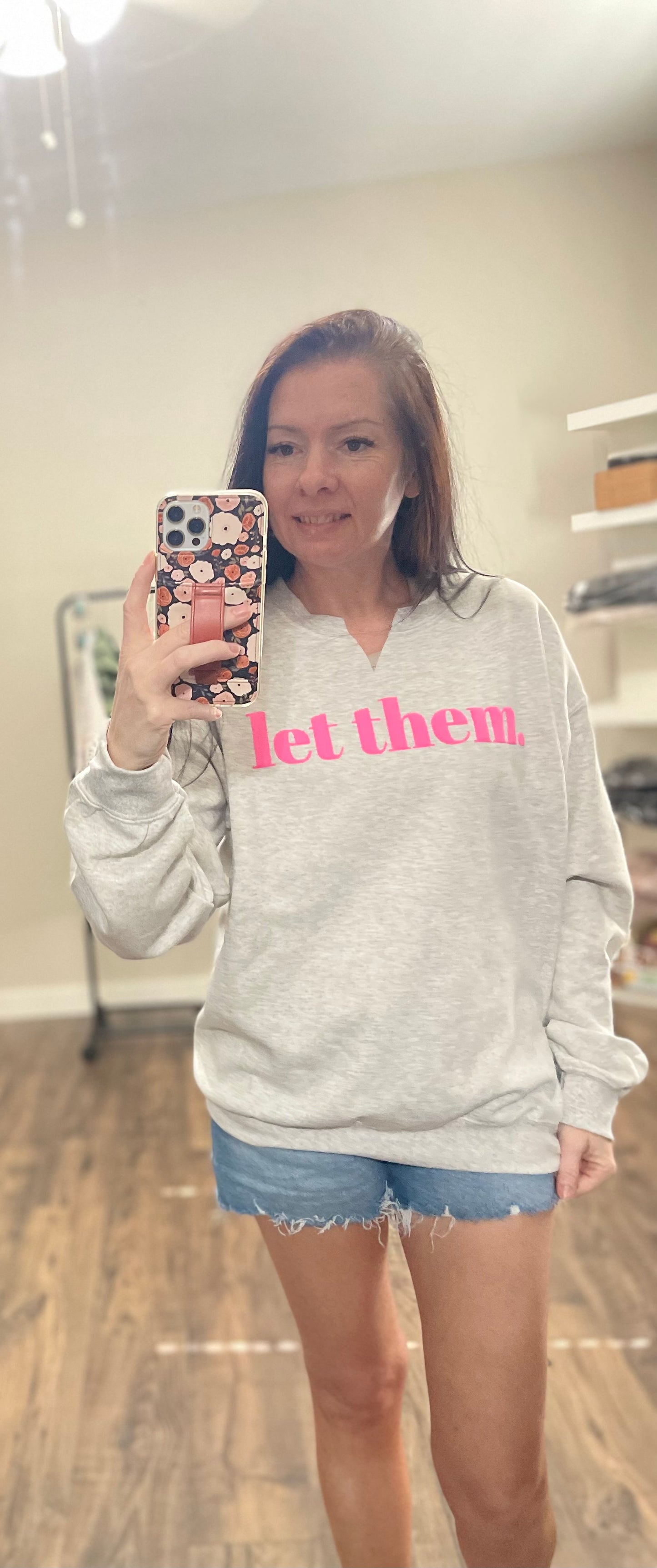 “Let Them” Ash Gray Split Neck Graphic Crewneck