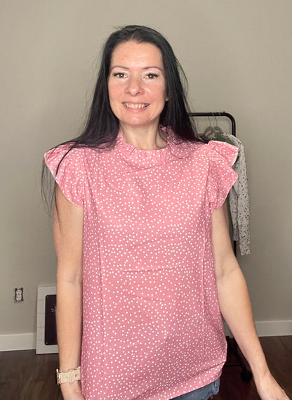Pink Polka Dots Ruffle Flutter Sleeve Frilled Neck Blouse