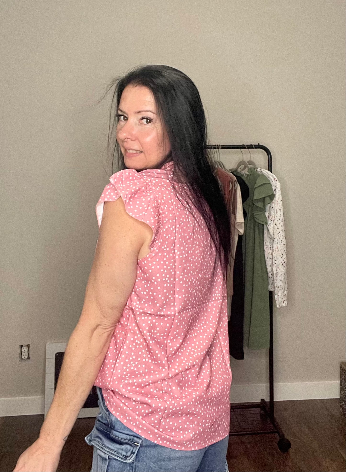 Pink Polka Dots Ruffle Flutter Sleeve Frilled Neck Blouse