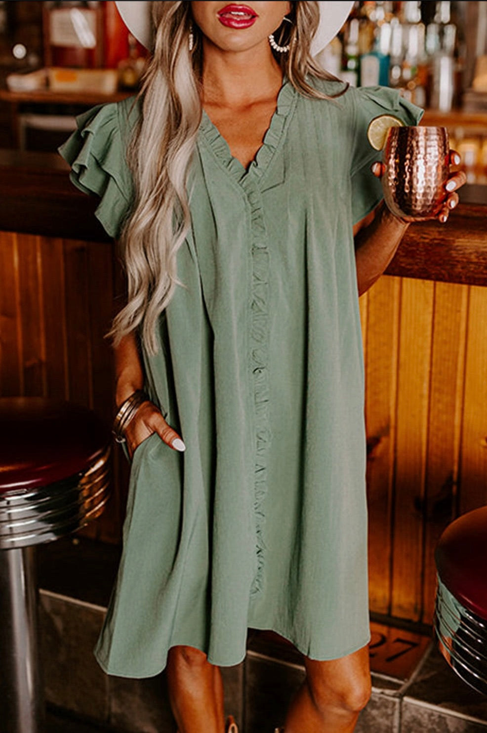 Ruffle Short Sleeve Buttoned Dress