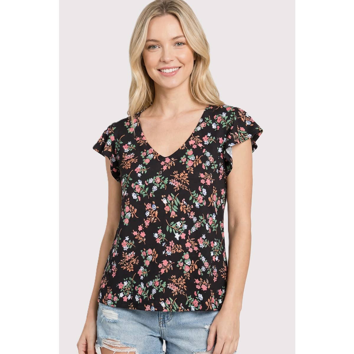 FLUTTER SLEEVE FLORAL PRINTED TOP
