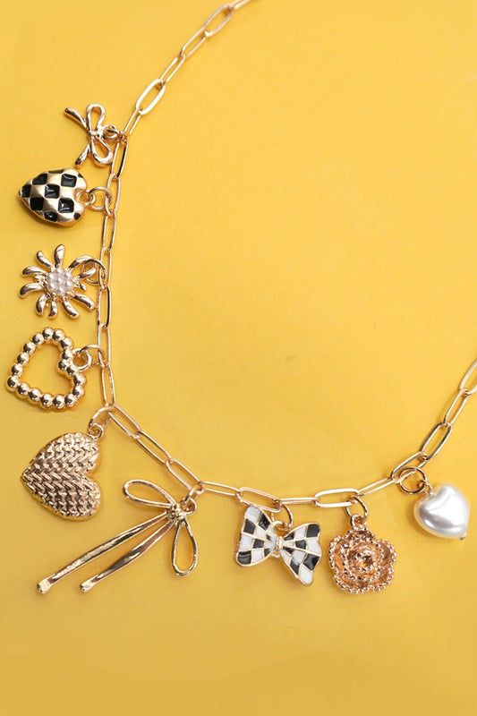 BOW CHECKER HEART FLORAL CHARM NECKLACE
