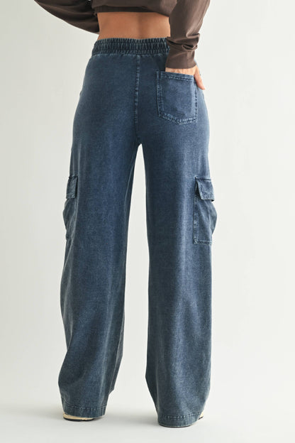 Mineral Wash Wide Leg Cotton Cargo Pants