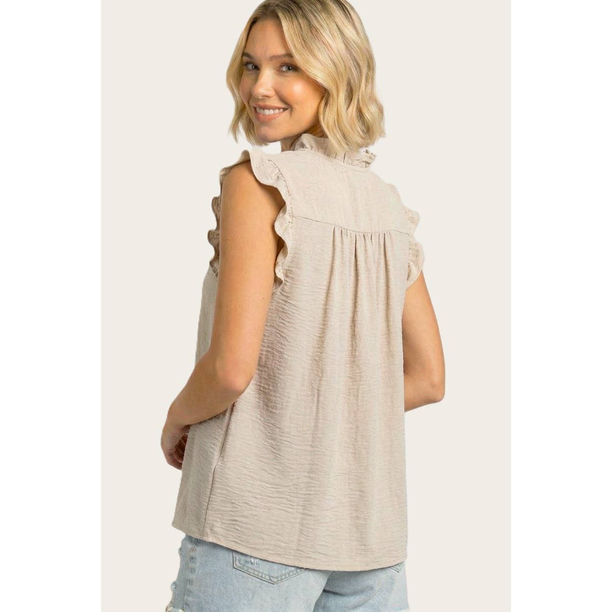 FRILLED SPLIT NECK SMOCKED SHOULDER TOP