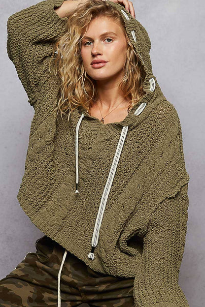 POL Oversize fit v-neck hooded cable knit chenille sweater SALE
