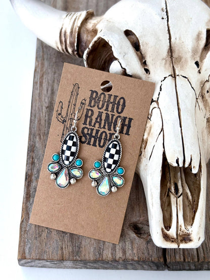Western Style Playing Card, Checkerboard Drop Dangle Earring