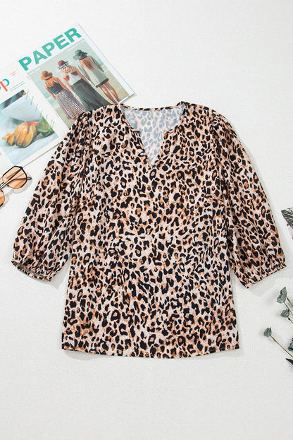 Apricot Leopard V Neck Half Sleeve Blouse