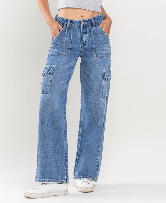 HIGH RISE CARGO BLOCKED WIDE LEG JEANS